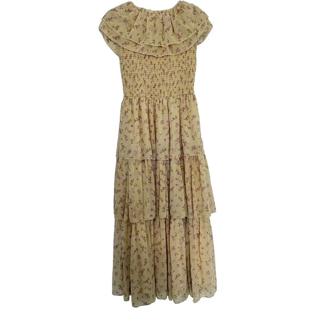 Ivy City Co Darla Maxi Dress Yellow Floral Tiered Ruffle Romantic Women's Size S - Picture 5 of 9